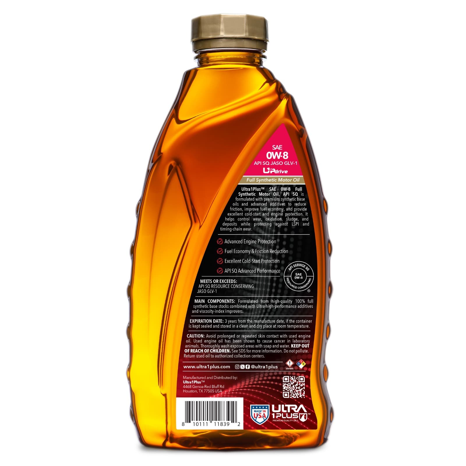 Back label of Ultra1Plus SAE 0W-8 Full Synthetic Motor Oil with specifications and product information