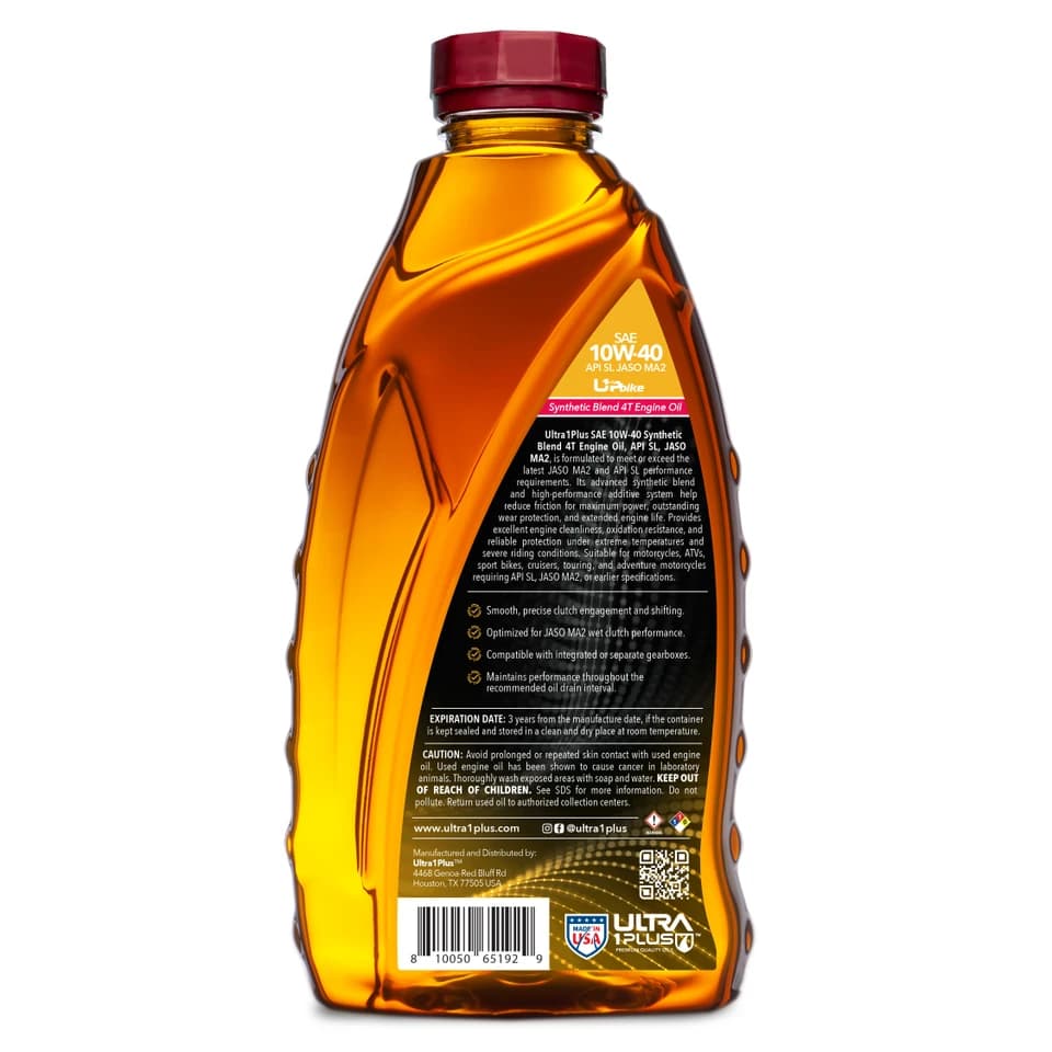 Ultra1Plus SAE 10W-40 Synthetic Blend 4T Motorcycle Engine Oil API SL JASO MA2